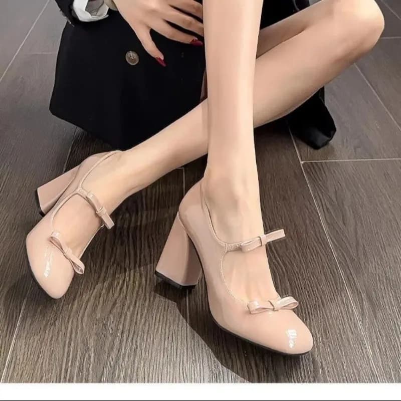 2026 Lolita Style Cute Round Head Jane Pumps with Bow Women's Sweet Party Dress Midi Fashion PU Sandals