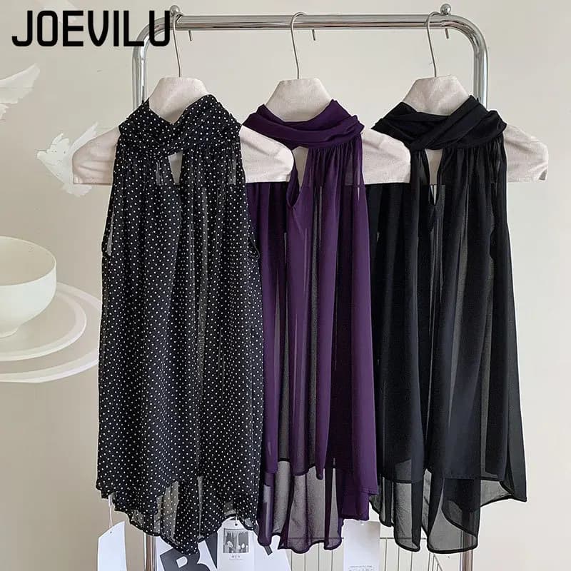 JOEVILU Sleeveless Chiffon Shirts with Laces and American Neck Clear Solar Protection Cover-Up Shirt with casual loose bow tie Women's Sexy Top