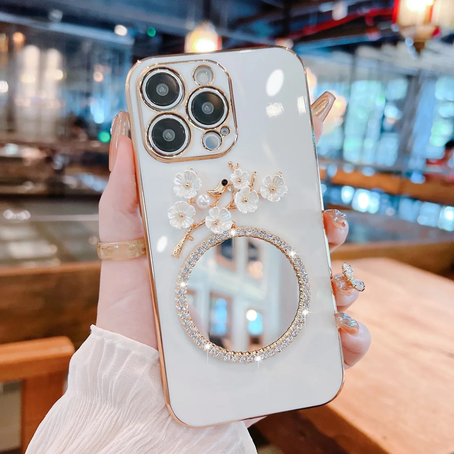 Cover posteriore a specchio con strass per iPhone, custodia protettiva per iPhone 15 Pro Max Plus, custodia per cellulare