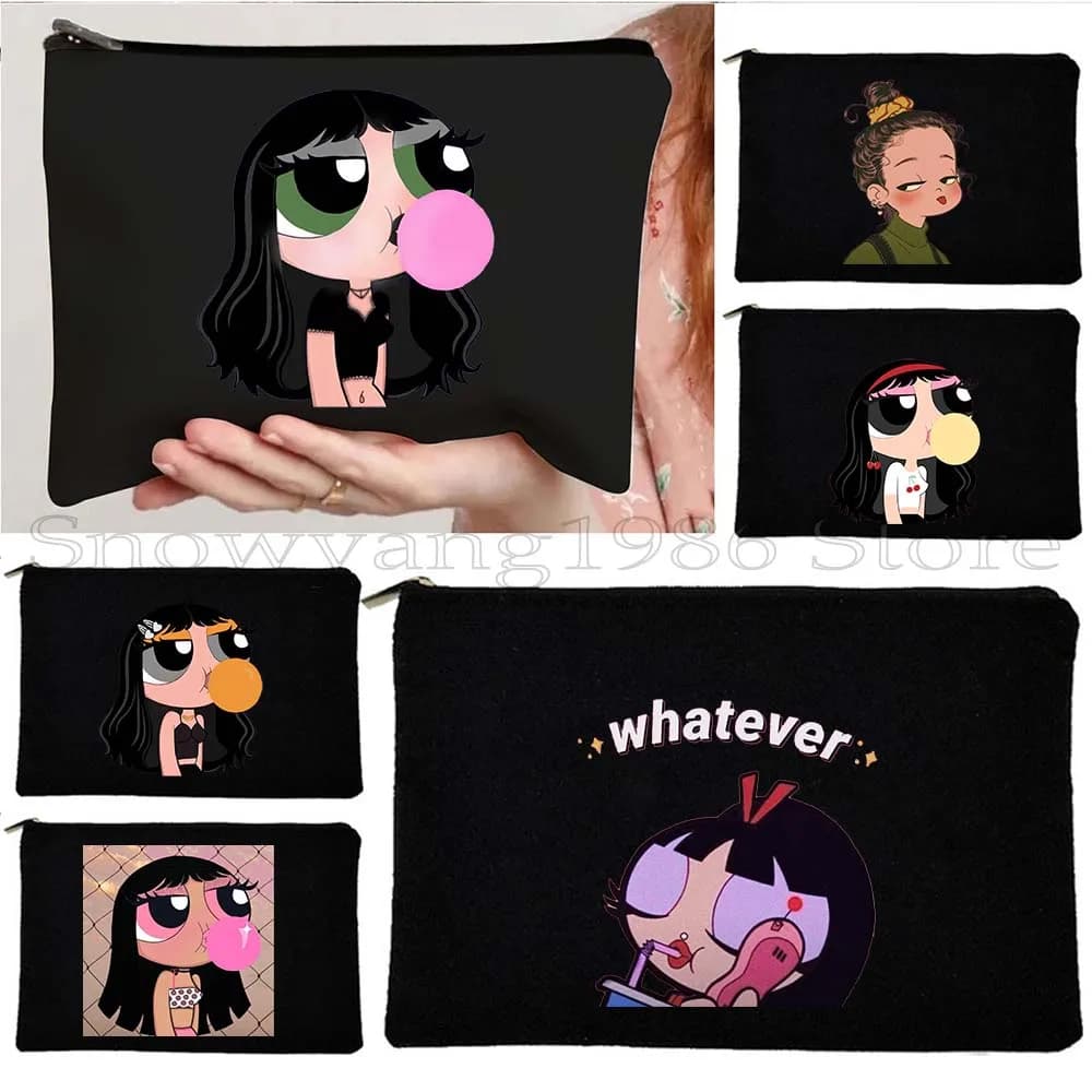 Pink Powerpuff Girls Gifts Cute Cartoon Bubble Gum Kawaii Canvas Cosmetic Bag trucco rossetto Travel Storage Pouch Pencil Case