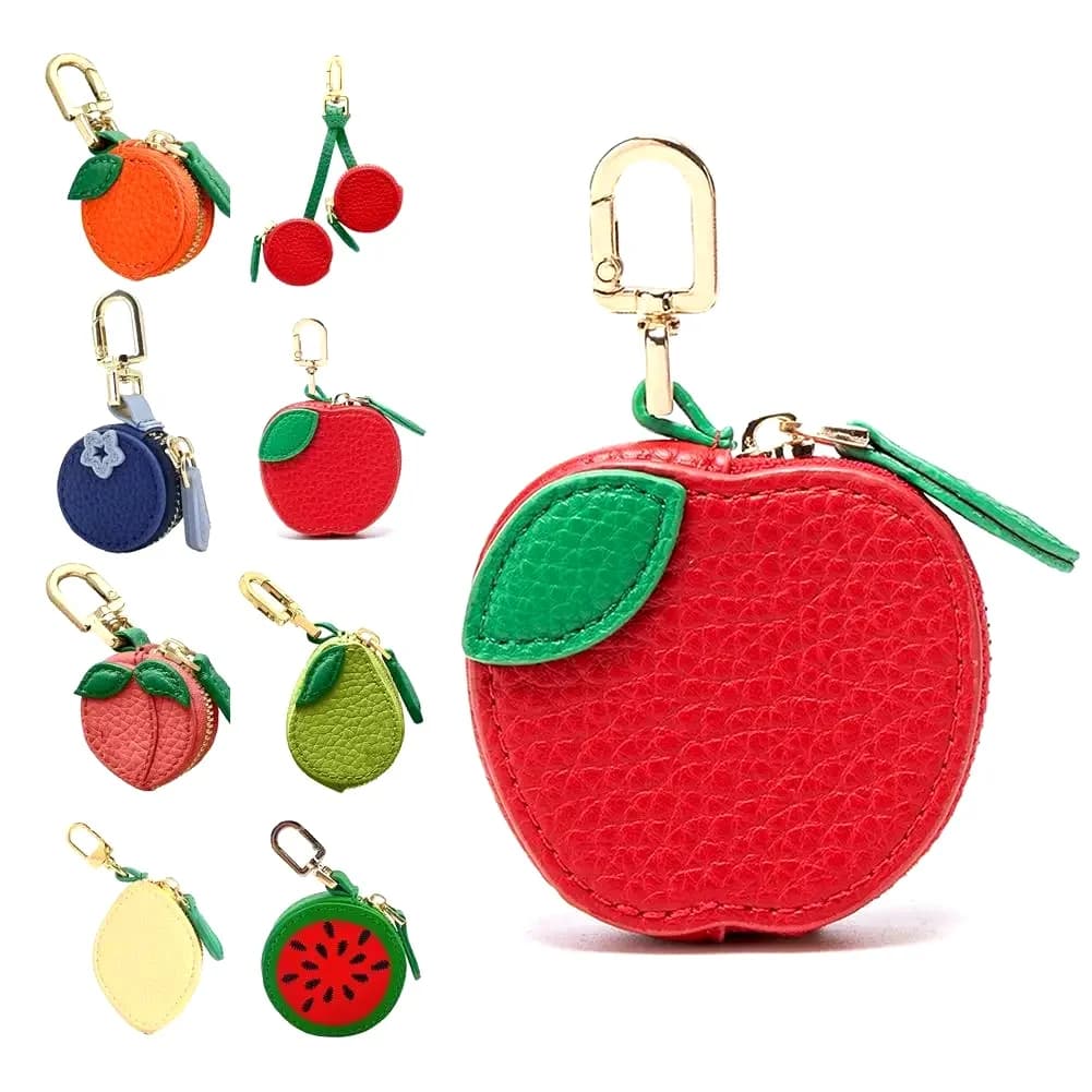 Cute Fruit Shape Leather Coin Purse Mini Zipper Earphone Bag Keychain Pendant Wallet for Women Girls Gift