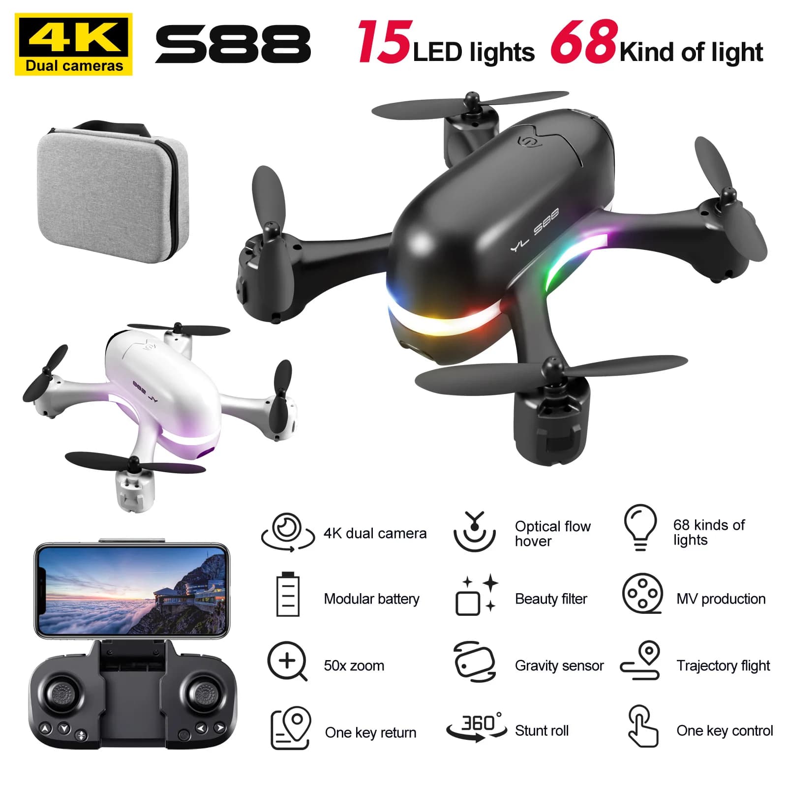 Drone RC quadricottero S88 4K con doppia fotocamera con posizionamento del flusso ottico e fotografia aerea HD, regalo di Natale