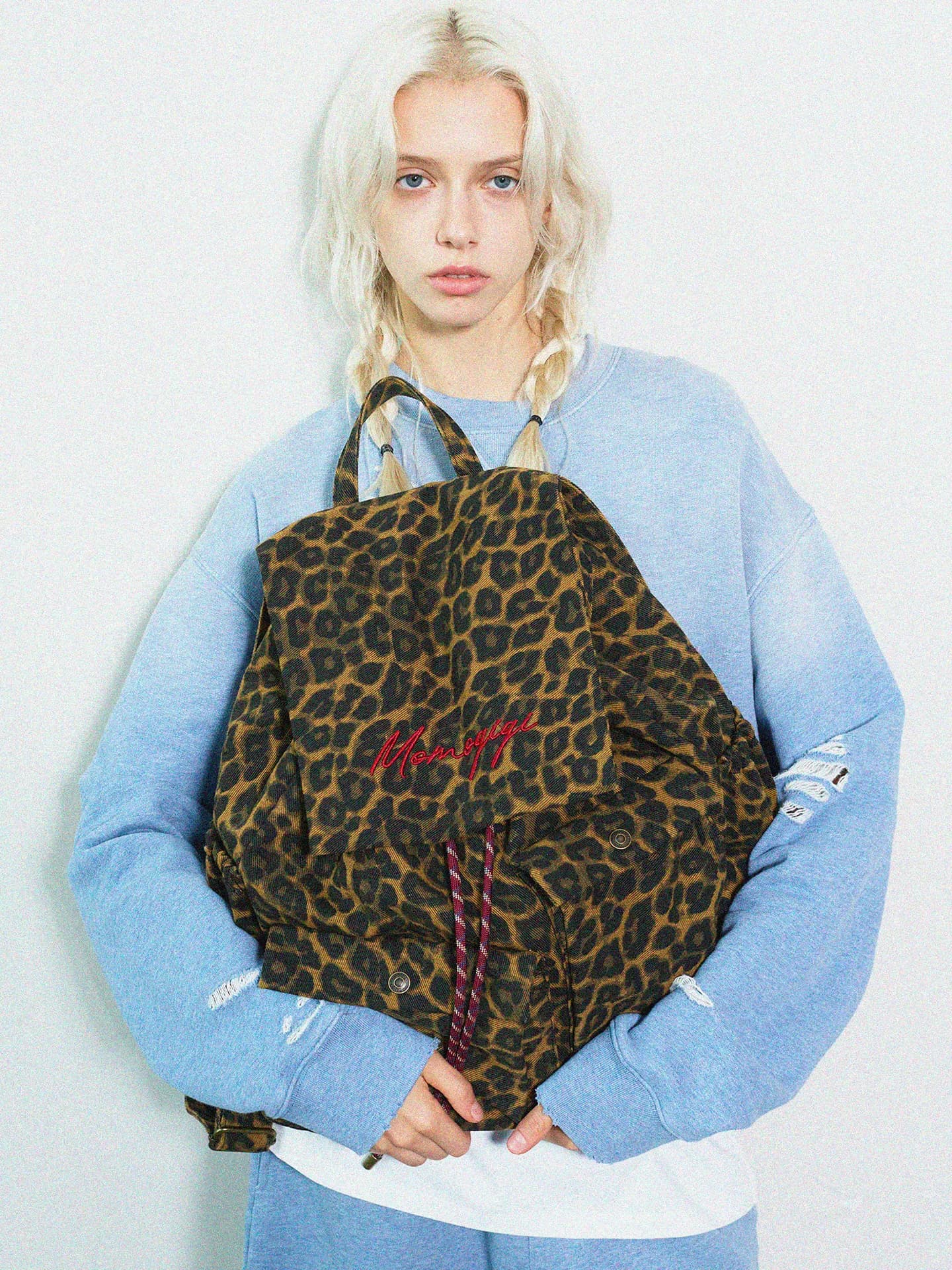 Momogigi Rebellious Youth Original Design Retro Leopard Print Canvas Large Capacity Couple Backpacks British Style Soft Bag
