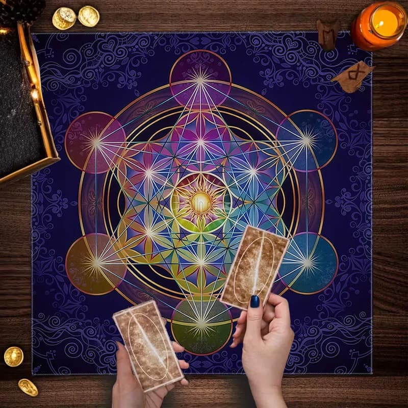 1 pz. Tappeto/Telo Sacro Geometria Cubo di Metatron Stampato per Tarocchi, Tappetino per Carte, Telo per Altare per Meditazione, Divinazione, Stregoneria