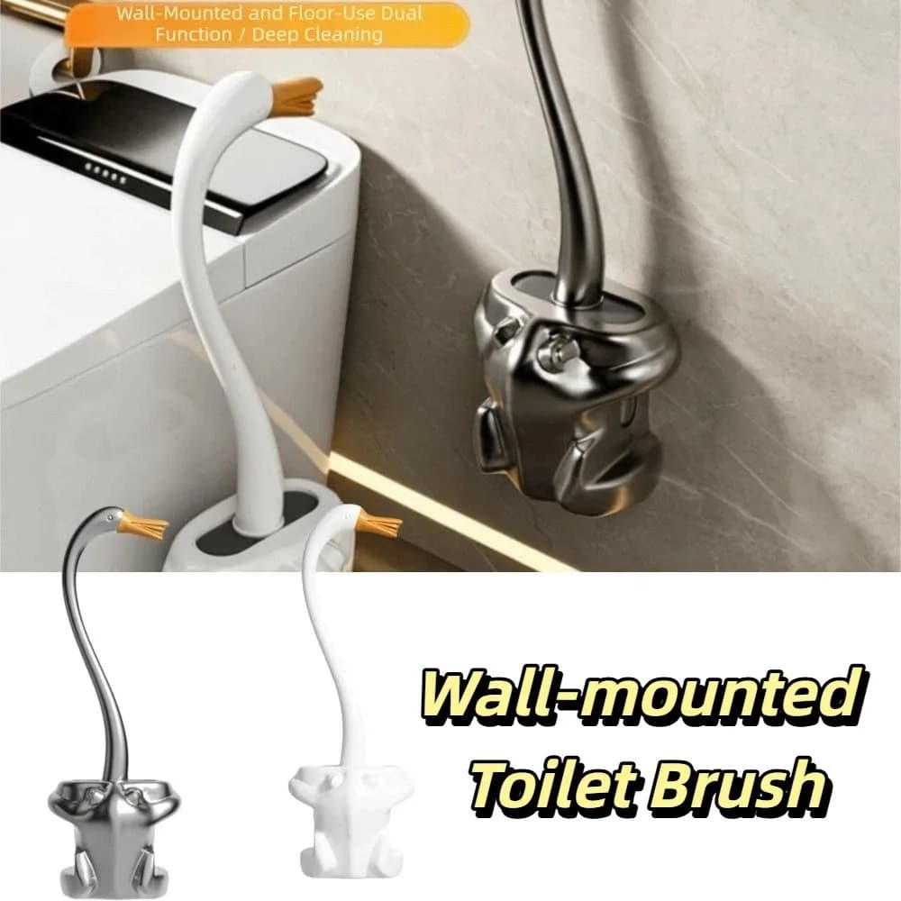 Long Handle Toilet Brush Animal Shaped Swan Design Bathroom Cleaning Brush Black Color Compact Size Wall Mounted Brush