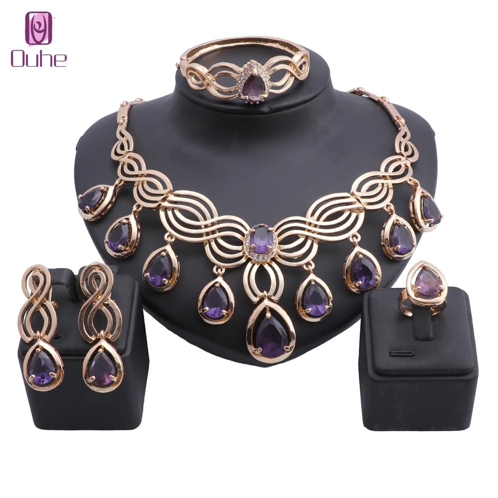 Donne eleganti Color oro cristallo zircone nappe collana orecchini anello braccialetto sposa accessori per feste Set di gioielli