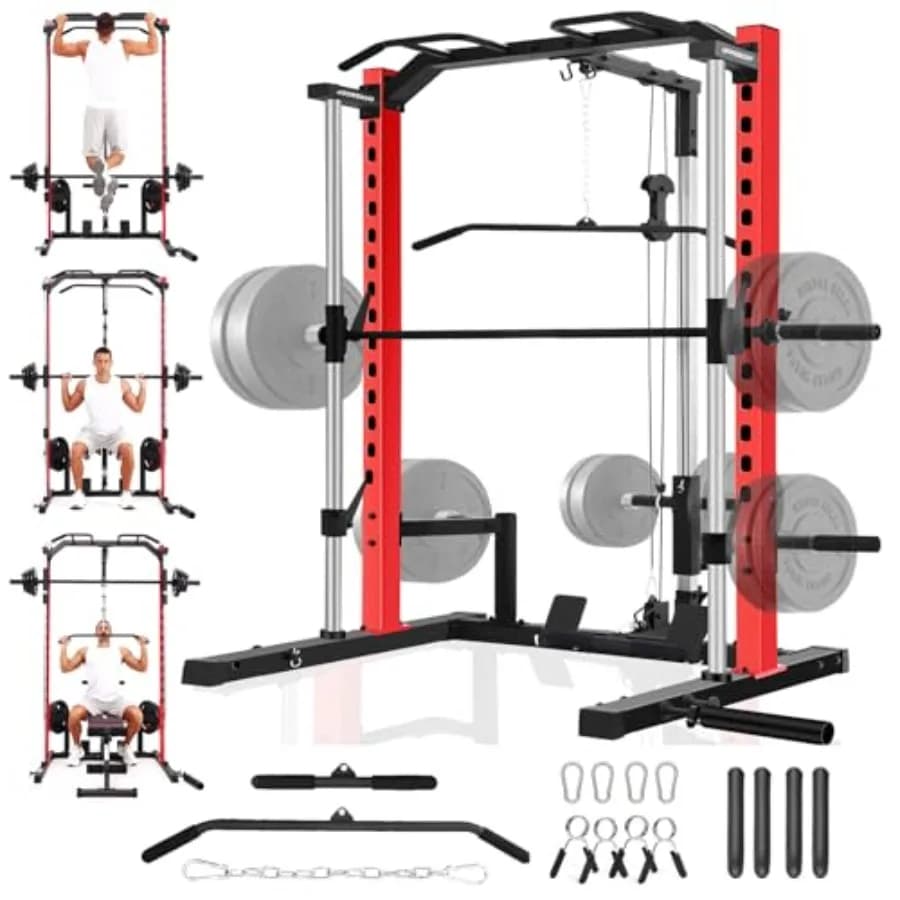 Power Rack All-in-One con Smith Machine, Sistema LAT Pull Down, Barra per Trazioni, Porta Bilancieri, Pioli e Altri Accessori per l'Allenamento