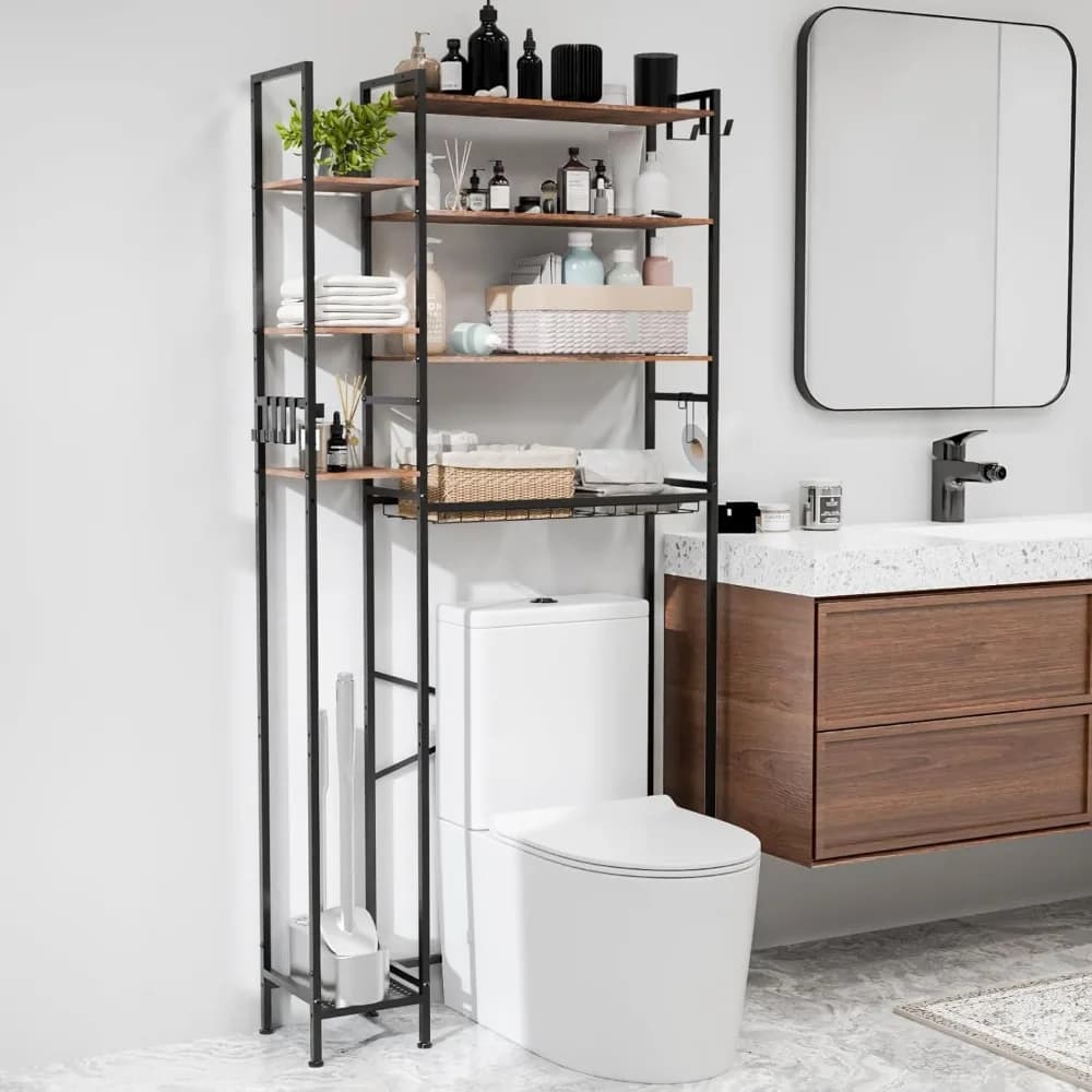 GARPROVM Scaffale portaoggetti sopra il WC a 8 livelli con ripiano laterale, armadietto salvaspazio per organizer da bagno con ripiani regolabili,