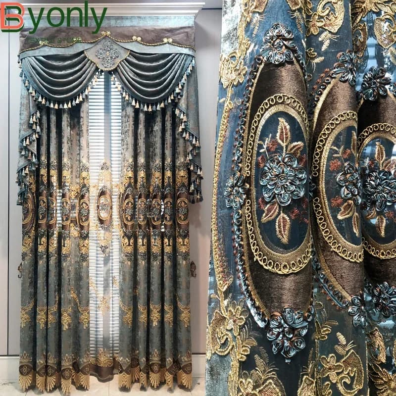 Grey Blue Embroidered Screen Hollowed Out and Thickened Chenille Curtains for Living Room Villa Bedroom French Window Balcony
