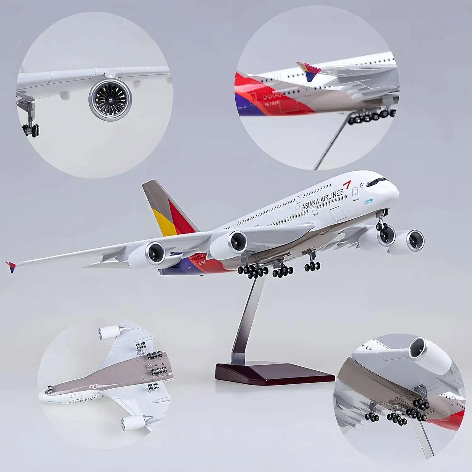 Modellino in Resina di Aereo Passeggeri Asiana A380 da 45cm, Scala 1:160 con Ruote del Carrello di Atterraggio e Luci (Controllo Touch o Sonoro)