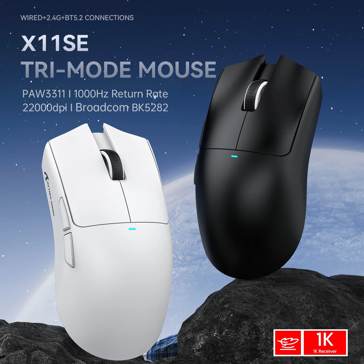 Mouse da Gaming ATTACK SHARK X11se Ultra Leggero 63g 2.4G Bluetooth Wireless con PAW3311 22000DPI Ricarica Magnetica per Laptop PC