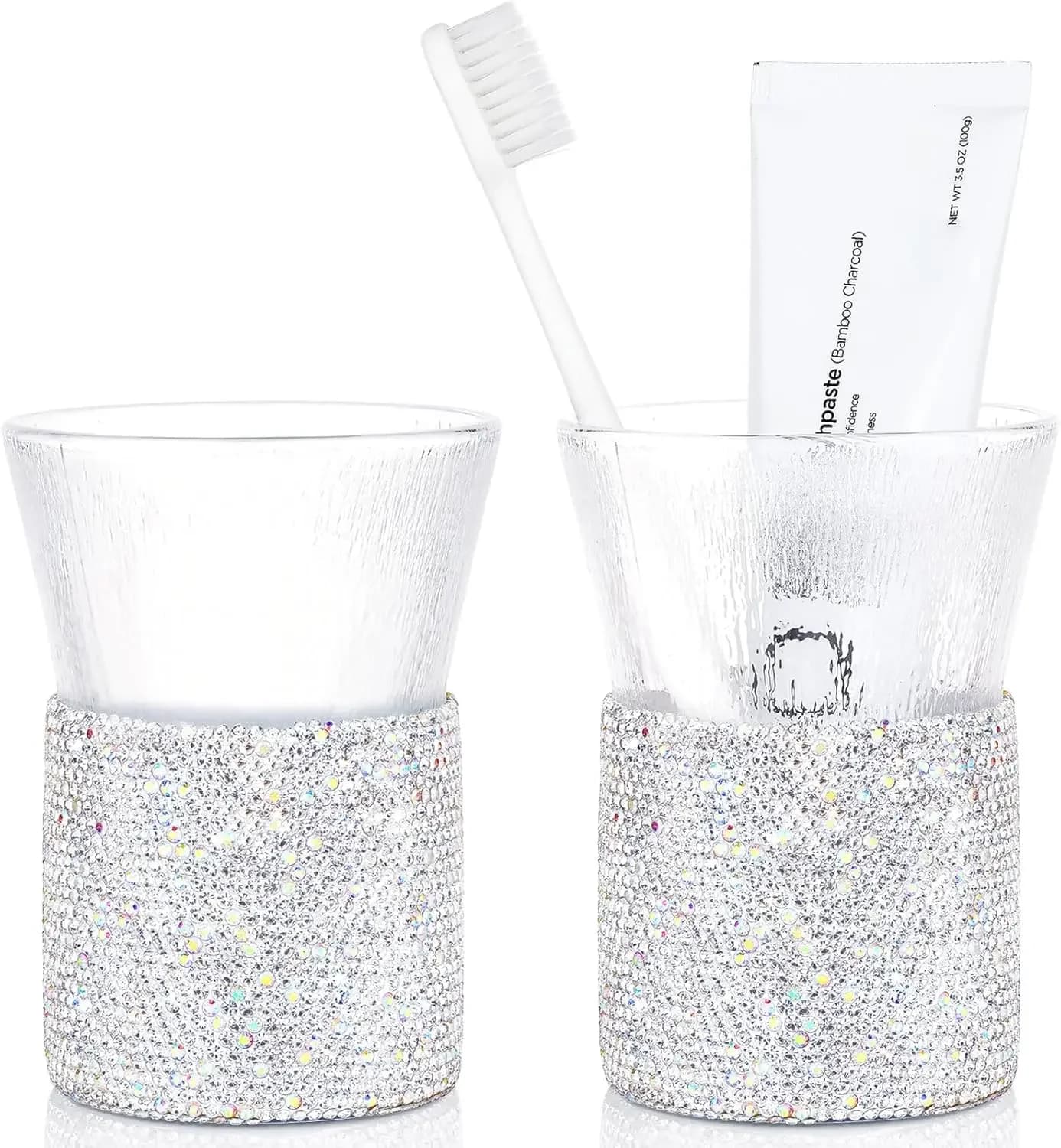 Bling Toothbrush Cup,2pcs Bathroom Tumbler Toothbrush Holders,Reusable Glass Mouthwash Cups,Glasses for Cocktail,Iced Coffee