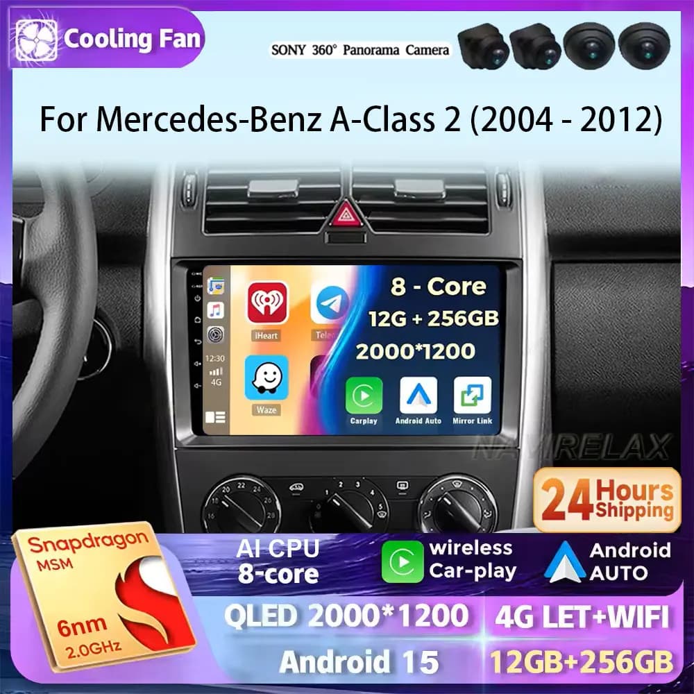 Android 15 For Mercedes-Benz Class A 2 W169 C169 2004 - 2012 CarPlay Auto 2K QLED Autoradio Video player Multimedia stereo GPS