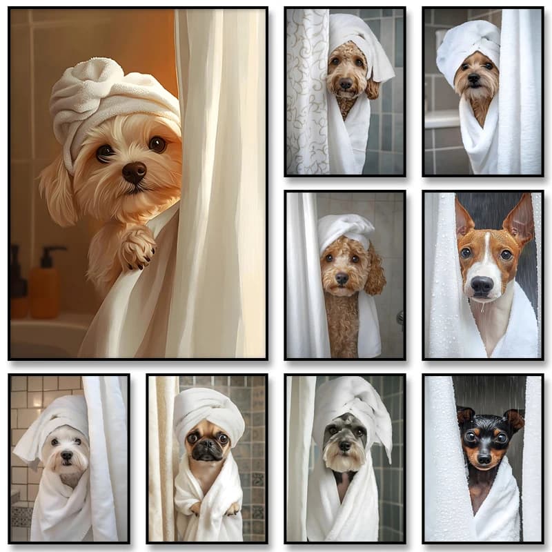 Quadro su tela senza cornice, stampa con cane nel bagno, decorazione per bagno, poster con cane nella vasca, murales di animali, stampa su tela per la casa