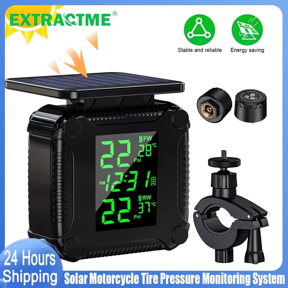 Extractme Sistema di monitoraggio della pressione dei pneumatici Display colorato TPMS wireless Sensore di allarme della temperatura dei pneumatici con carica solare per moto