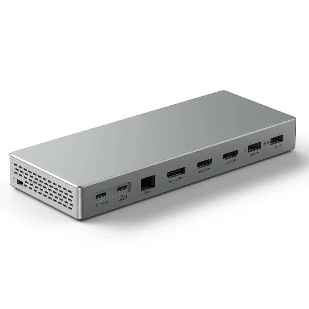 Docking station da tavolo con splitter a quattro schermi 4K 60Hz e hub di rete Gigabit per una connessione Internet veloce