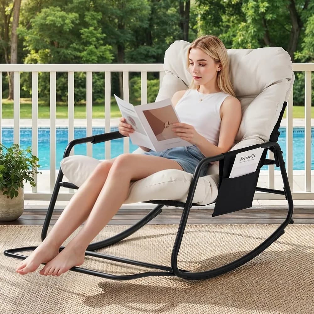 Adjustable Backrest Rocking Chair, Indoor-Outdoor Rocker with Cushion & Footrest, Cream White