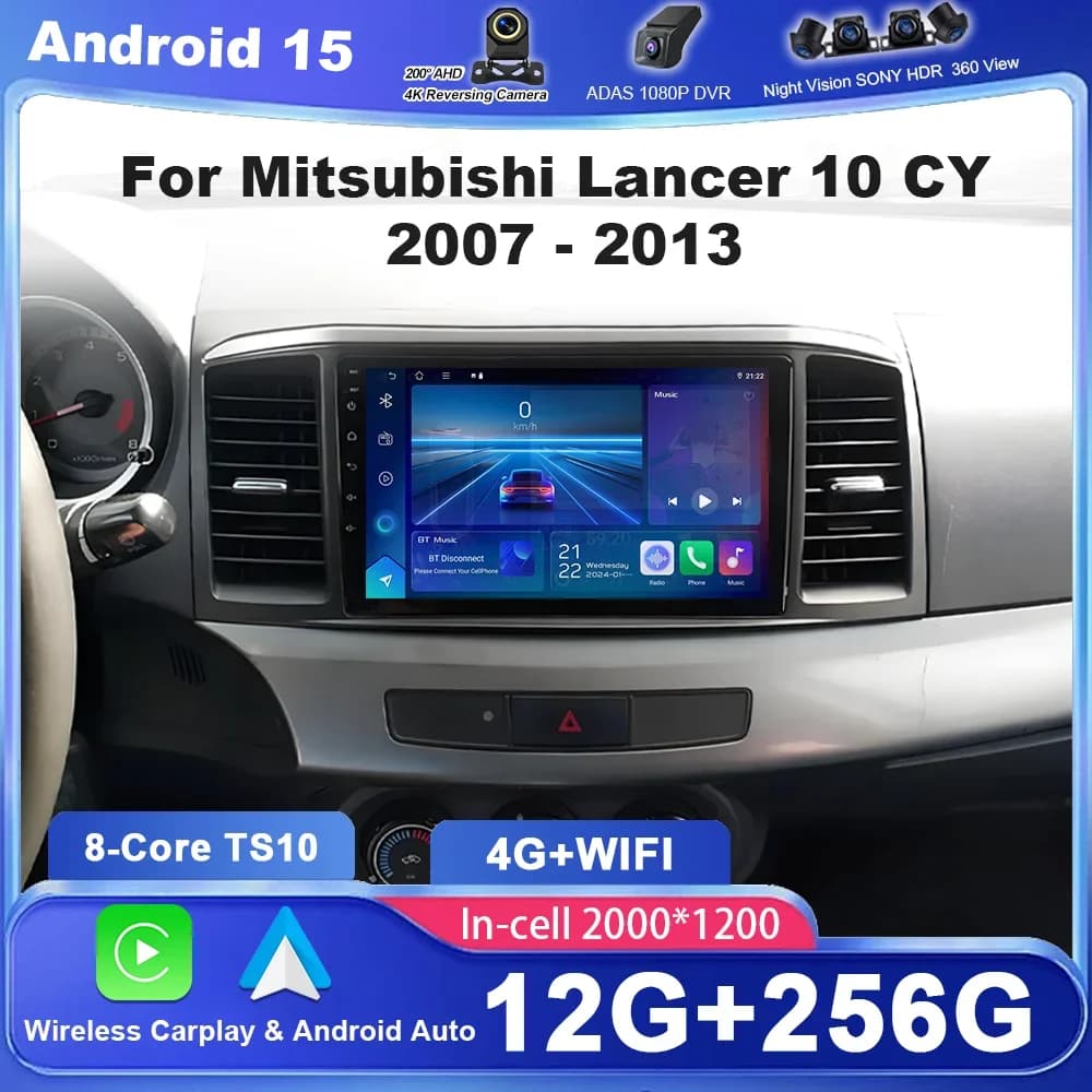 Android 15 Autoradio Stereo Per Mitsubishi Lancer 10 CY 2007 - 2013 Lettore Video Multimediale WIFI + 4G Navigazione GPS NO 2Din DVD
