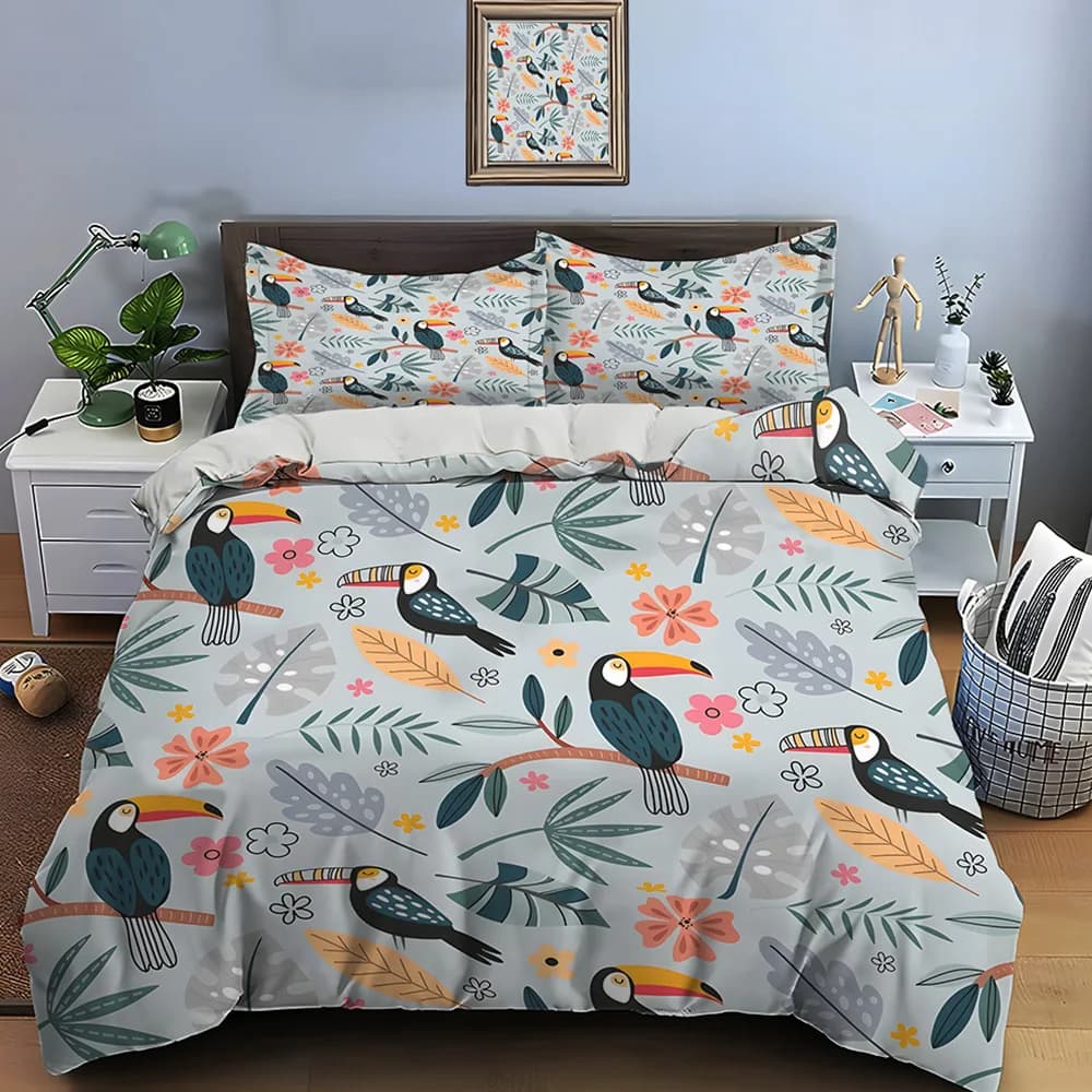 Set copripiumino con motivo floreale a foglie e uccelli tropicali, biancheria da letto in poliestere con stampa digitale e chiusura con cerniera, per regali per bambini