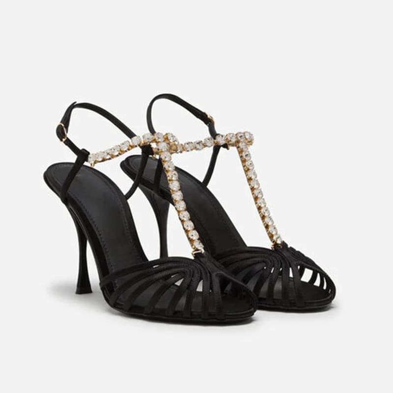 Catena di strass T-Strap Hollow Sandali di seta rosa Donna Scarpe cave nere Estate Forgiato Tacchi alti Stiletto Tacchi alti sexy 43