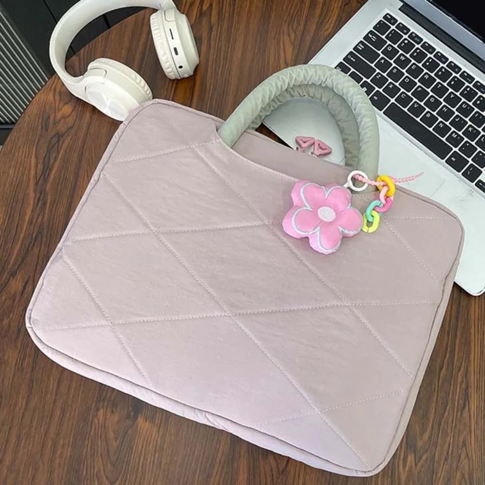 Stylish With Flower Pendant Laptop Sleeve Puffy Portable Computer Handbag Handle Style Sweet Laptop Bags School