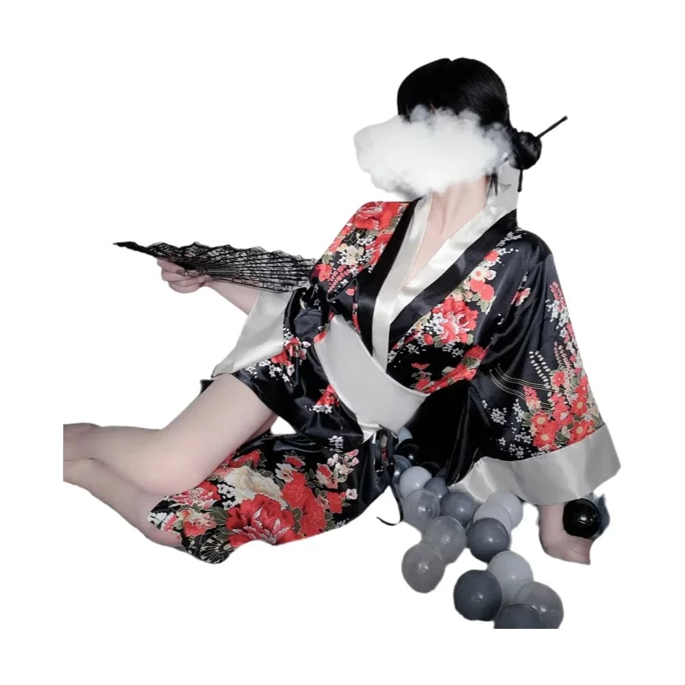 Kimono Giapponese Sexy, Costume Cosplay, Accappatoio Tradizionale Yukata, Pigiama in Morbida Seta con Cintura, Lingerie Erotica, Nero Rosso Nuovo