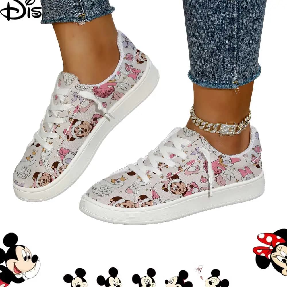 Women's low sneakers with pink cartoon print Disney Minnie Daisy, comfortable and casual shoes