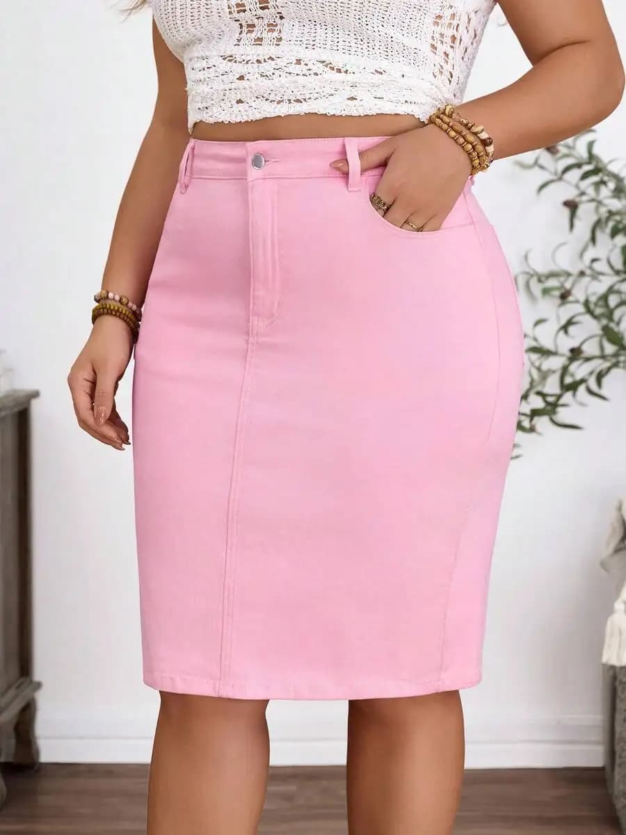 Minigonna in denim casual aderente da donna rosa tinta unita