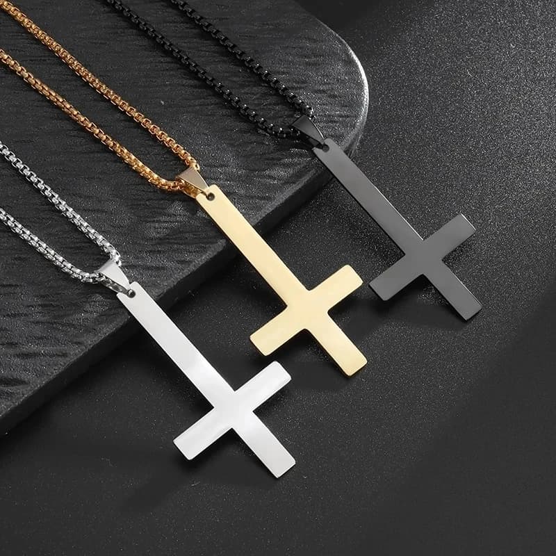 Necklace with simple inverted cross in titanium steel, men's pendant, Gothic punk, evil demonic symbol, alternative jewelry