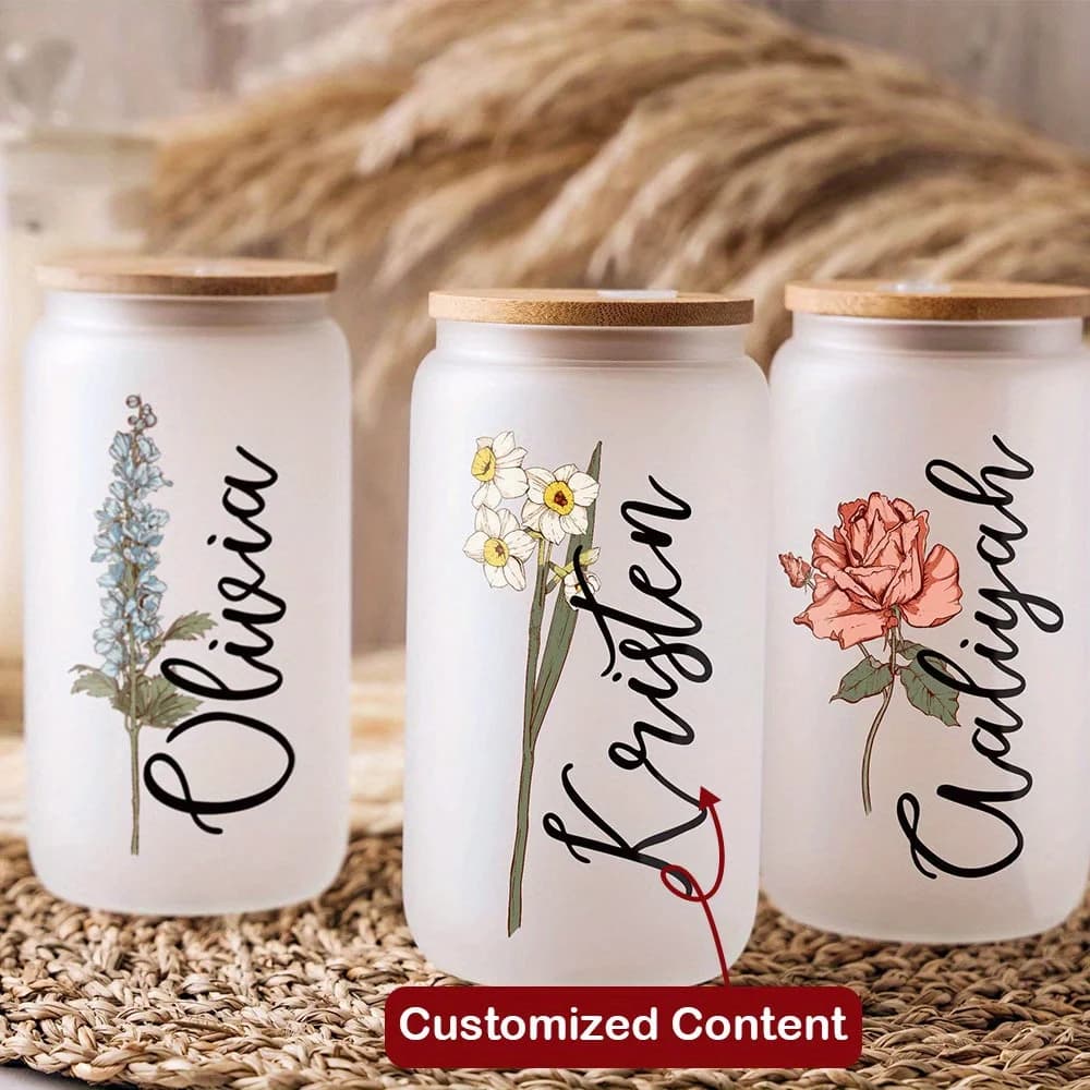 Custom Birth Flower Name Glass Can Cup with Bamboo Lid & Straw,Personalized Floral Iced Coffee Glass Tumbler Custom Gift.