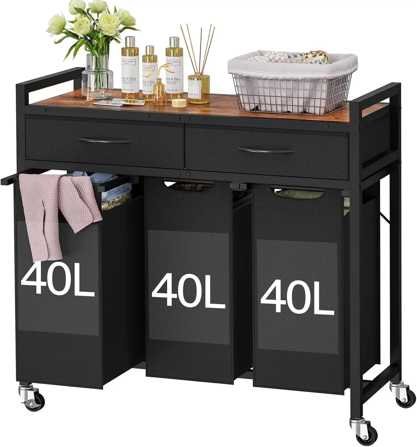 Basket 3 Sections with 2 Drawers, Removable Bags and Upper Panel for an Organized Laundry