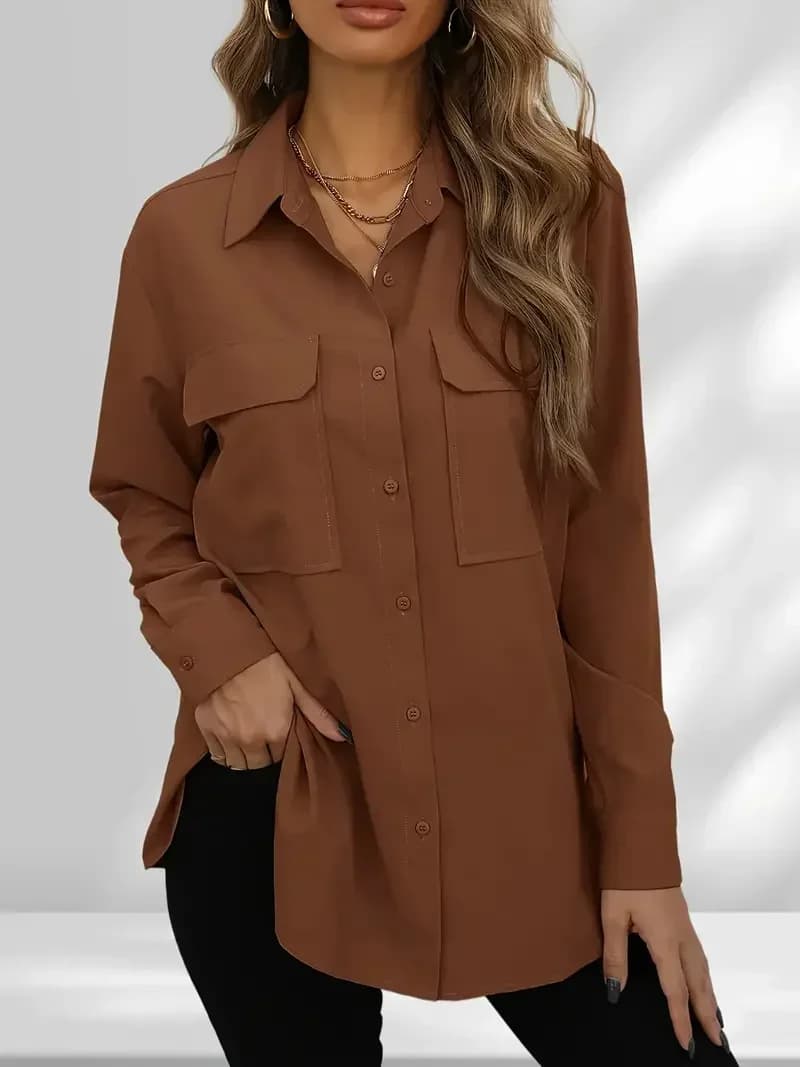 1XL-5XL Women's Fashionable blouse Solid women's buttons Long sleeves Overturned collar Shirt pockets