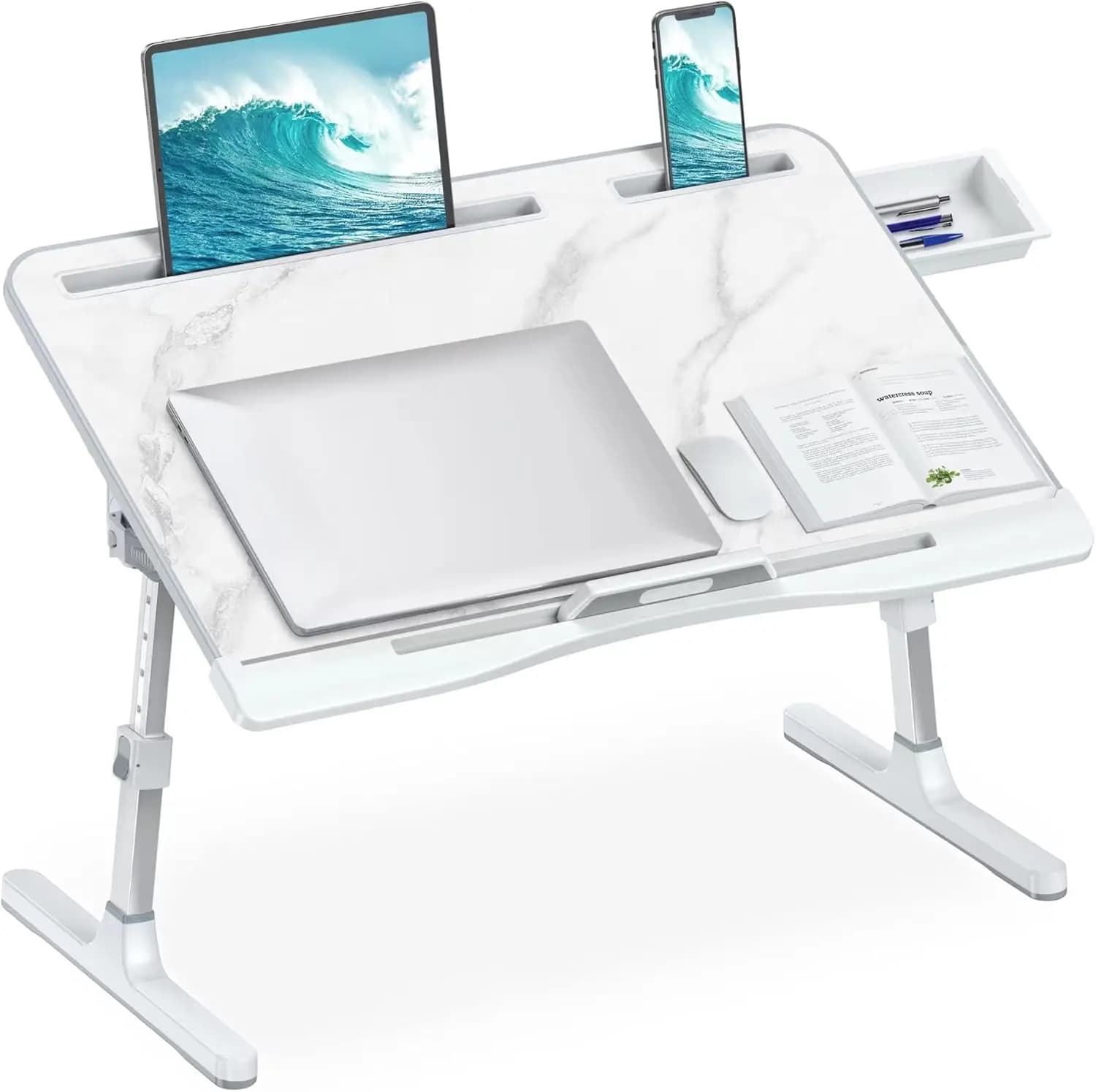 Adjustable Laptop Table with Drawer, Large Folding Table for Sofa, Flooring, Work, Reading, Lunch, Finishing in Marble