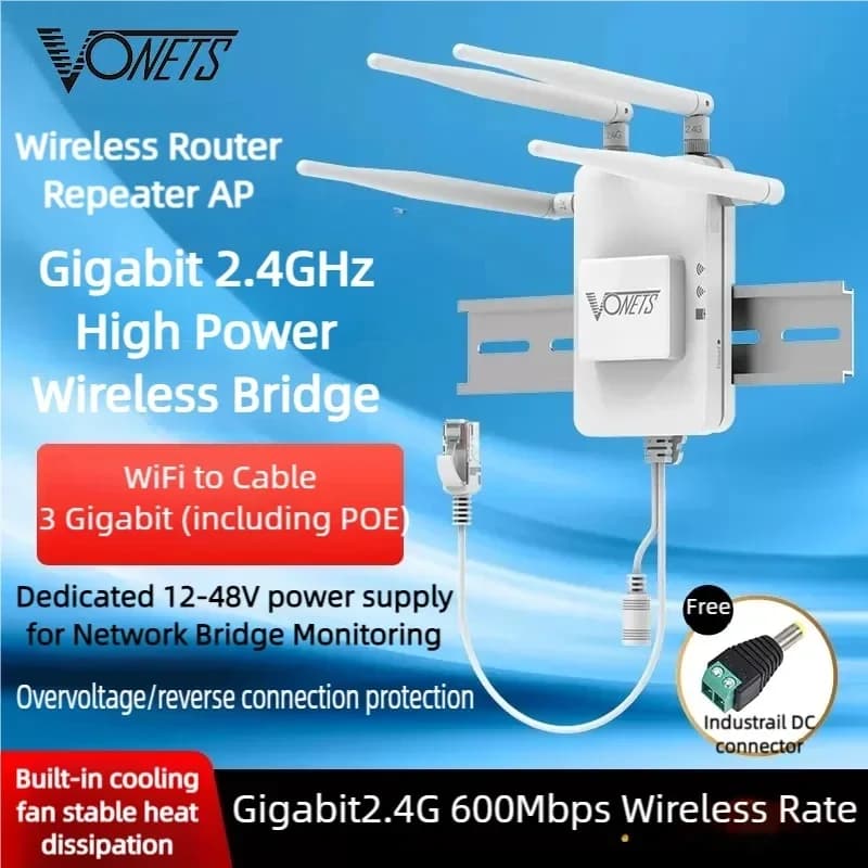 VONETS Gigabit PoE 2.4GHz Wireless Router WiFi Bridge Repeater Hotpot Signal Extender 1000Mbps PLC IoT Network Devices VAR600-H