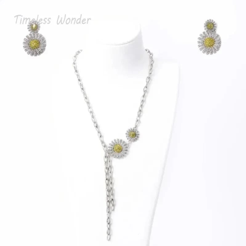 Timeless Wonder Fancy Zircon Floral Necklace Stud Earrings Women Designer Jewelry Set Top Luxury Rare Sweet Trendy Mix 5623