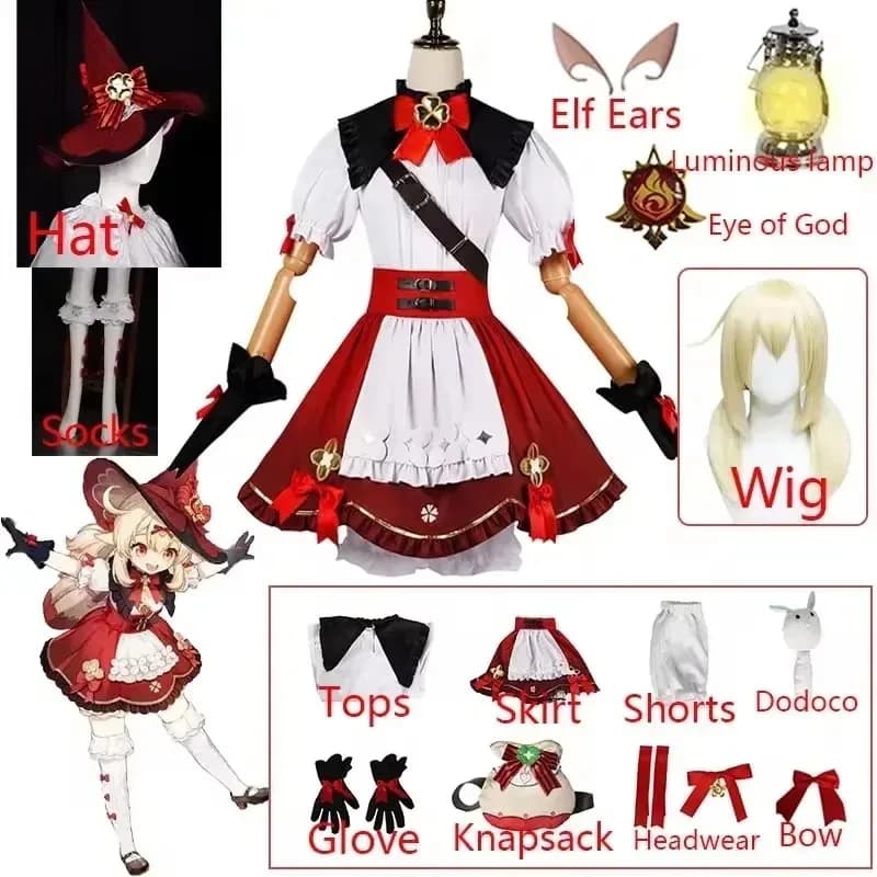 Genshin Impact Klee Parrucca Costume Cosplay Piccola Strega Nuova Pelle Cosplay Rosso Carino Lolita Vestito Cappello Borsa Kawaii Abiti di Halloween