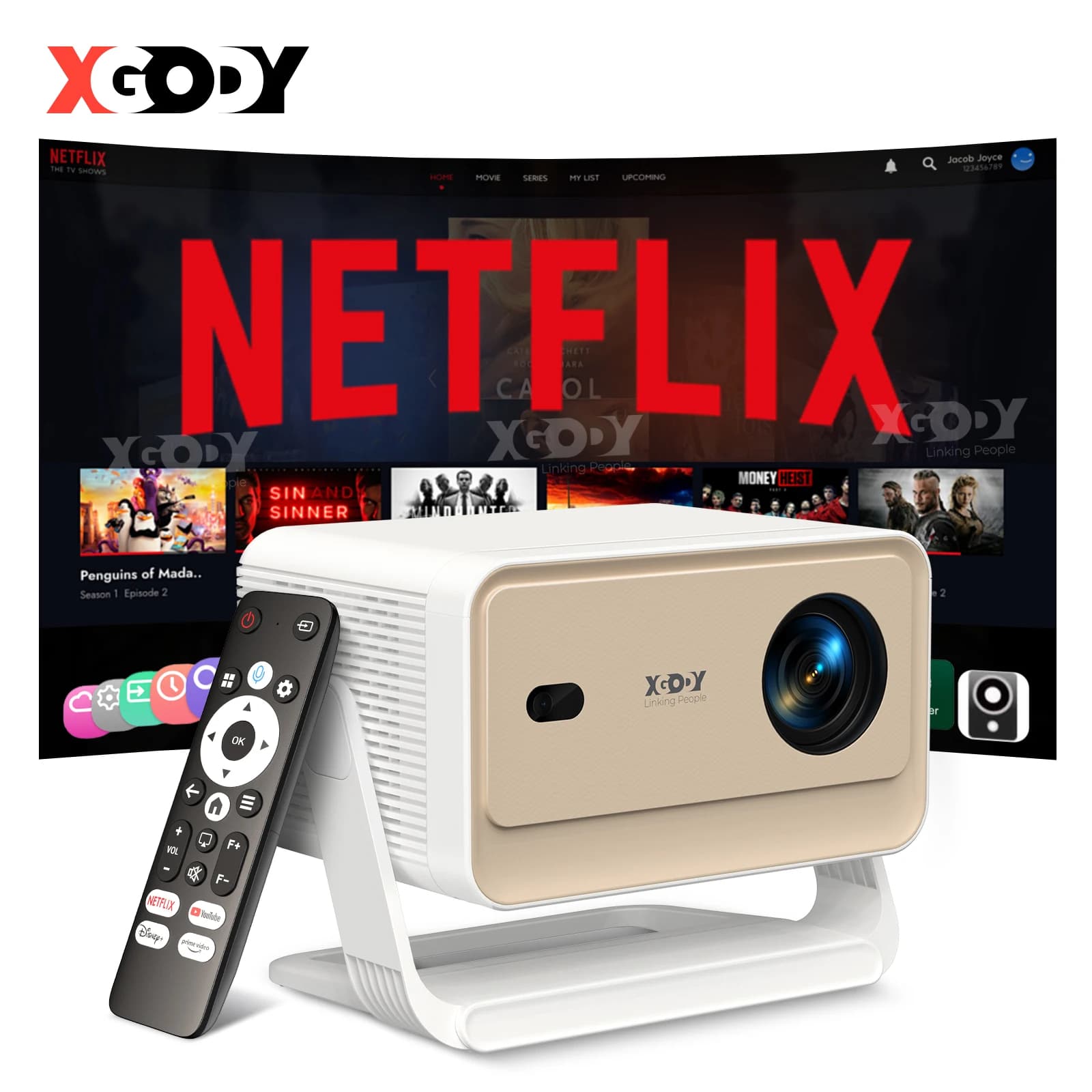 XGODY Proiettore N6/N6 Pro Netflix ufficiale Controllo vocale 4K Smart Android TV Whale OS 8/32 GB ROM per cinema Home Theater