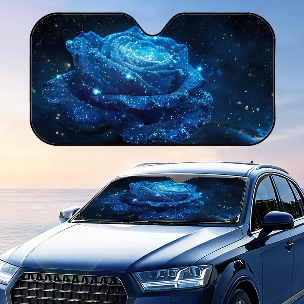 Parasole pieghevole universale per parabrezza auto con stampa Blue Rose Fantasy, protezione UV, isolamento termico, copertura pieghevole