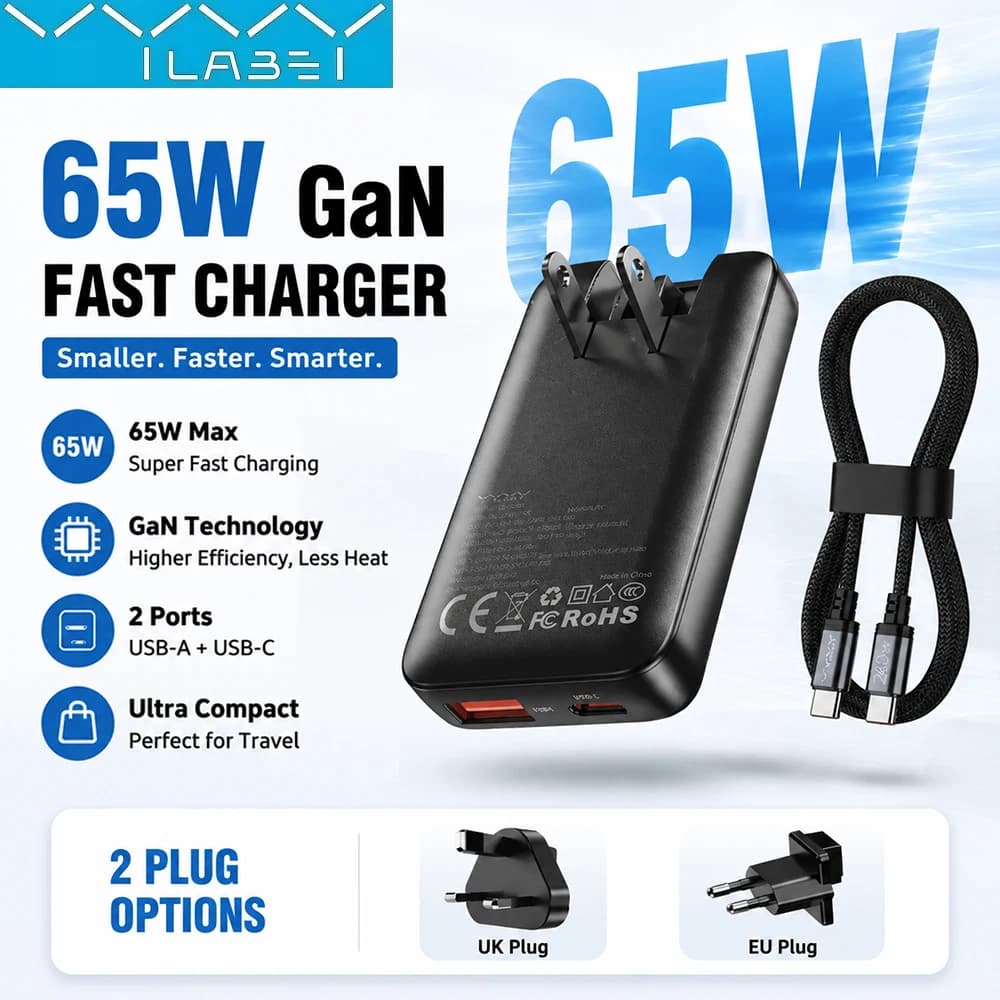 Vyvylabs 65W GaN Charger USB C PD Fast Charger USB A Power Adapter Dual Port Foldable Plug Compact Charger for Travel with Cable