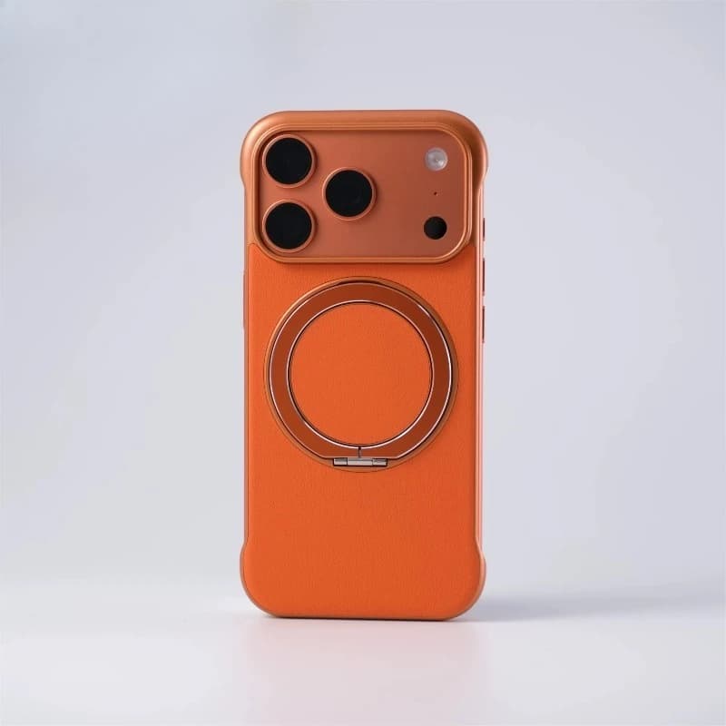 New model of frameless leather grain ring holder Magnetic Case For iPhone17 Pro Max 16 15 14 Magsafe Thin Heat Hissipation Cover