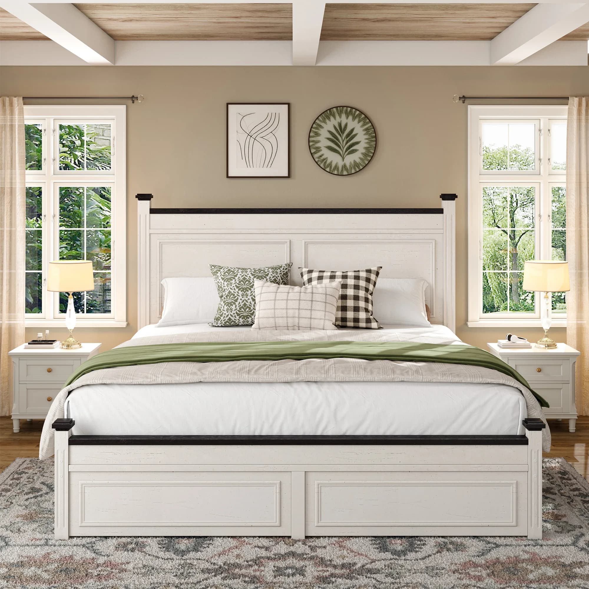 Bed structure with headboard 51.25 inches high and 2 drawers container, wooden rustic style, without noise, does not require spring net