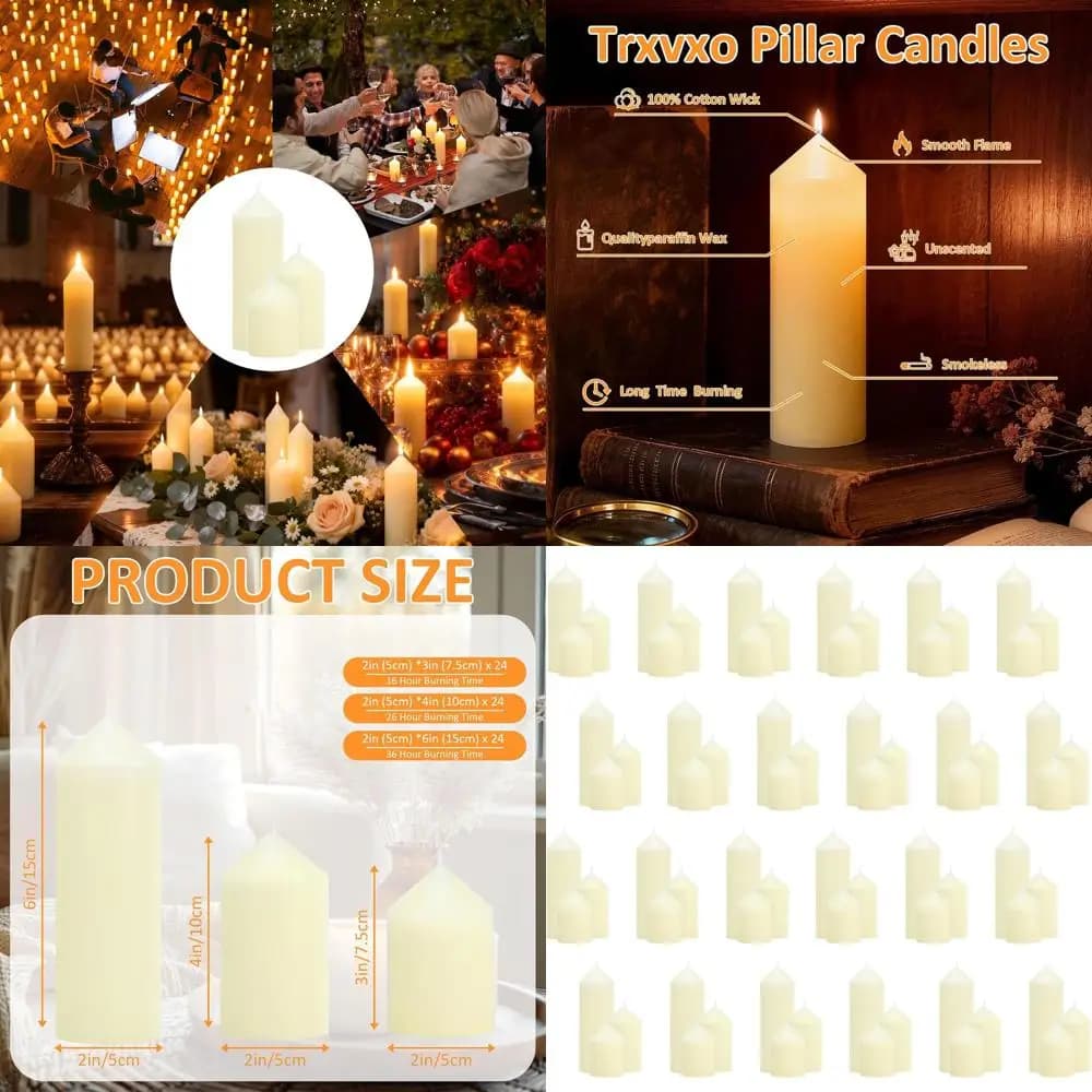 Set of 72 Ivory Column Candles: 3 Measures (3, 4, 6 Inches) for an Atmosphere No Perfume and No Smoking at Weddings and Events