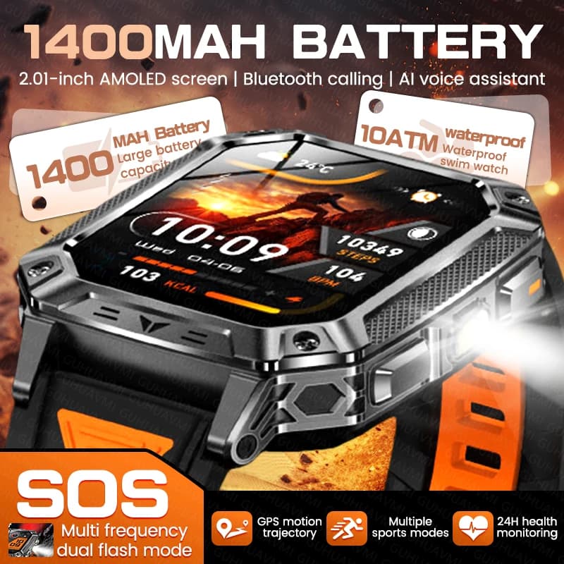 Nuovo Smartwatch da Uomo per Esterni con Batteria da 1400mAh, Schermo AMOLED da 2.01", GPS, Impermeabile 10ATM, Torcia, SOS, Doppio Flash, Chiamate BT