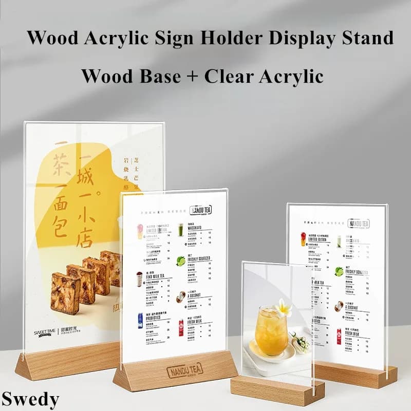 A5 148x210mm Base in legno Menu ristorante Porta poster Espositore Etichetta prezzo Porta carte Telaio Porta cartello in acrilico Supporto