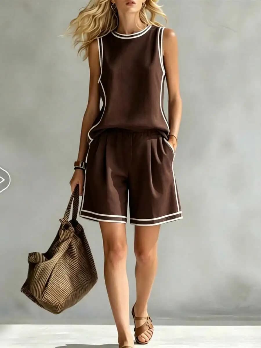 Women Casual Tank Top And Shorts Two-Piece Set Brown With White Trim