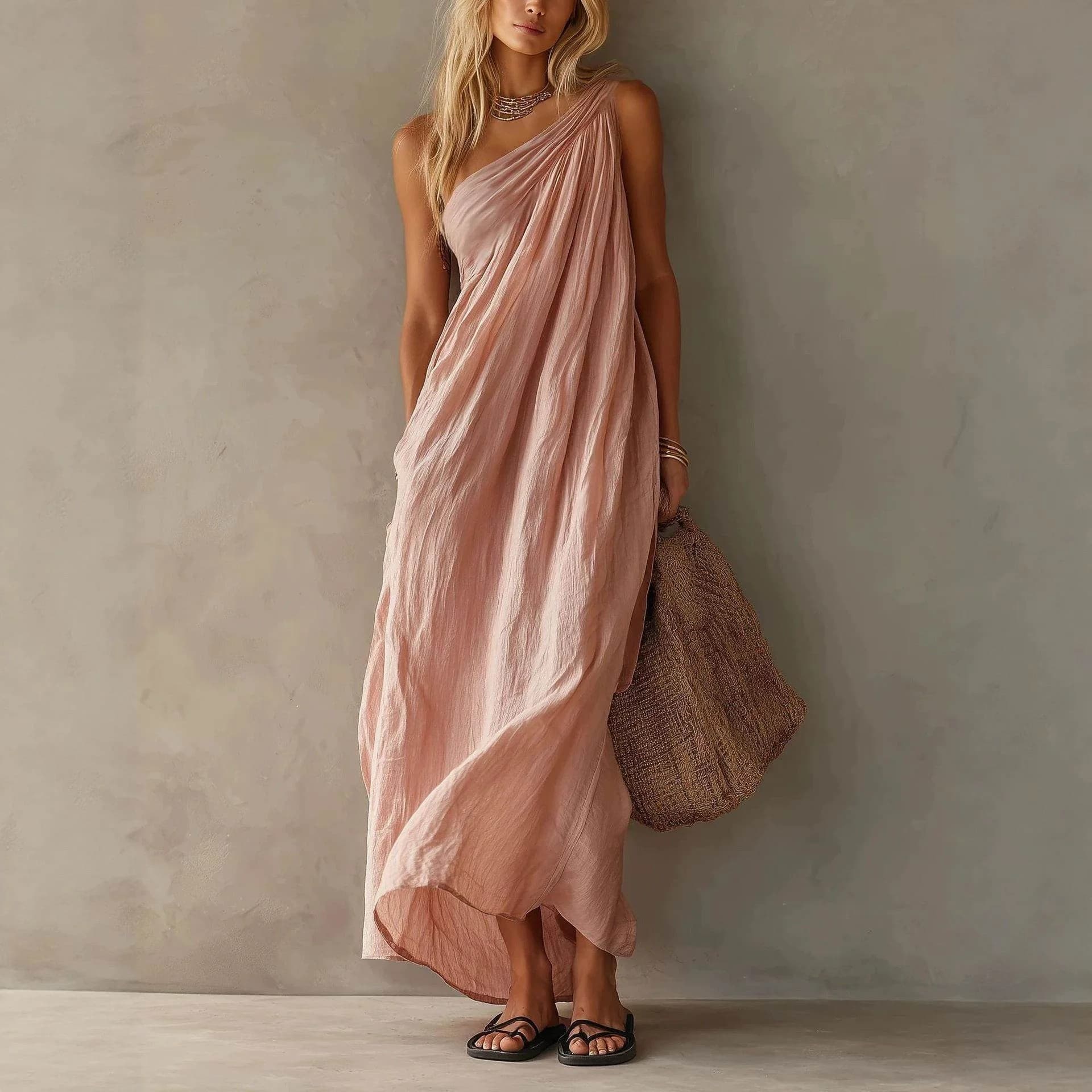 Summer Casual Women's Long Cotton Linen Dress Wind Shoulder Style mid Waist Princess Skirt Straight Leg Fit Body Single Piece