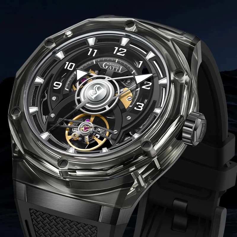 BONEST GATTI Automatic Watch Transparent Case Mechanical Wristwatch Rubber Strap Skeleton Dial Watches For Men