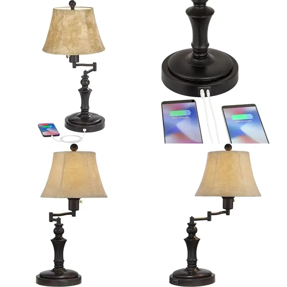 Lampada da Scrivania Tradizionale Naturale con Braccio Orientabile da 21,75 Pollici, Porte USB per Ricarica, Paralume in Metallo Bronzato e Pelle per Soggiorno, Camera da Letto