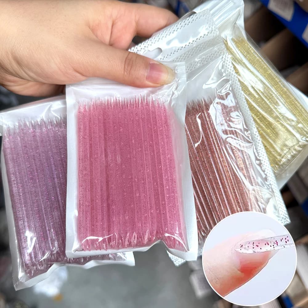 50/100 Pezzi Spingicuticole Riutilizzabili a Doppia Punta in Cristallo, Bastoncini Rosa Glitterati per Rimozione Cuticole, Strumenti per Raccogliere Strass/Colla #