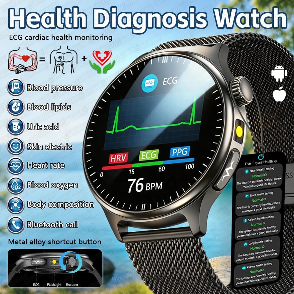 Orologio intelligente per la diagnosi sanitaria di precisione, di nuova generazione, con ECG, acido urico, pressione sanguigna, micro-esame fisico, per Android iOS